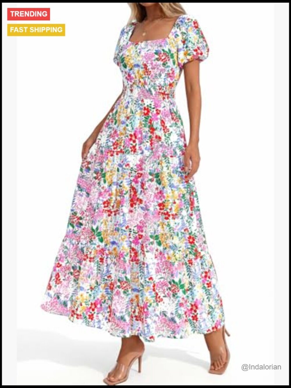 Polyester Maxi Dress with Puff Sleeves Square Neck Smocked Tiered Pockets - Picture 5 of 7